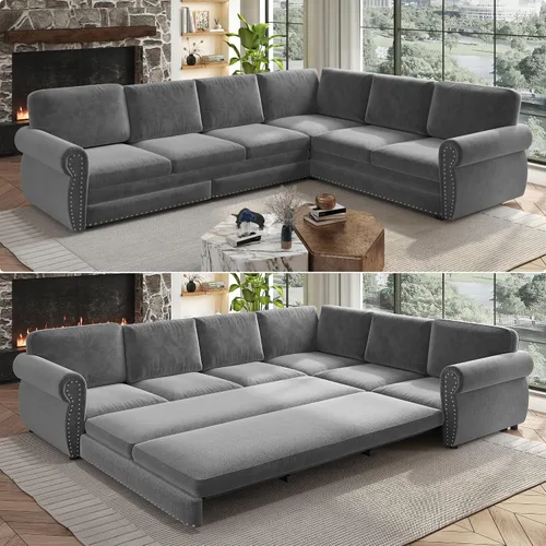 Vista 13 de Sofá cama seccional en forma de L de 6 asientos, sofá extraíble de chenilla gris Gris oscuro