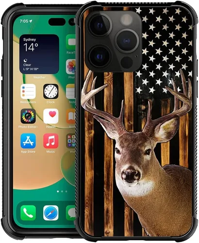 Vista 265 de Funda compatible con iPhone 8, a prueba de golpes, antiarañazos, bandera de ciervos de cola blanca de grano de madera estadounidense
