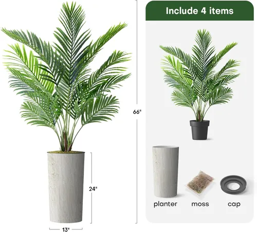 Vista 3 de Árbol artificial en macetero moderno con patrón de remolino, palmera tropical areca artificial de seda para decoración del hogar en interiores