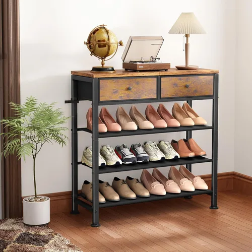 Vista 9 de Kitstorack - Zapatero de 4 niveles, organizador de zapatos para 9-12 pares de zapatos, con 2 cajones, 3 estantes de tela y parte superior de madera