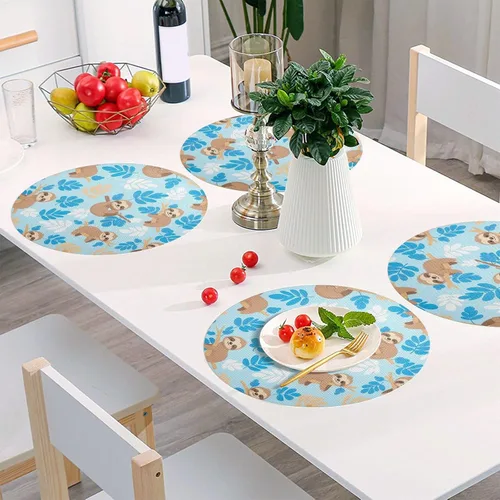 Vista 6 de Cute Cartoon Sloths Blue Round Table Placemats, Heat Resistant Non Slip Placemats Round for Kitchen one sizex1