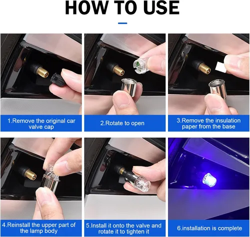 Vista 3 de 4 PCS Luces LED para Tapas de Vástago de Válvula de Neumático, Flash Giratorio con Visibilidad de 360 Grados, Luces de Rueda Impermeables para Azul