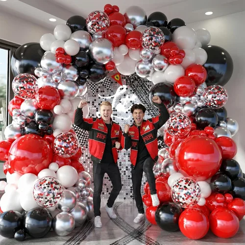 Vista 3 de Kit de arco de globos negros y rojos, guirnalda de globos plateados, globos de confeti blanco, decoración de cumpleaños, aniversario de boda