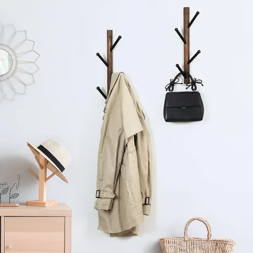 Vista 2 de MyGift 4 ganchos montados en la pared, madera maciza marrón rústica y metal negro para sombrero, perchero vertical para colgar ropa con ganchos