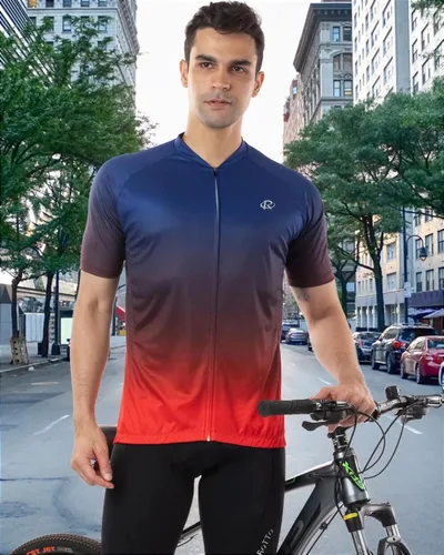 Vista 4 de ROTTO Camiseta de ciclismo de manga corta para hombre, color degradado, serie Pro con bolsillo trasero con cremallera, L