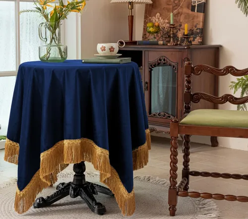 Vista 37 de F-CHU - Funda de terciopelo negro de lujo para mesita de noche con flecos dorados, mantel decorativo para mesita de noche, a prueba de polvo