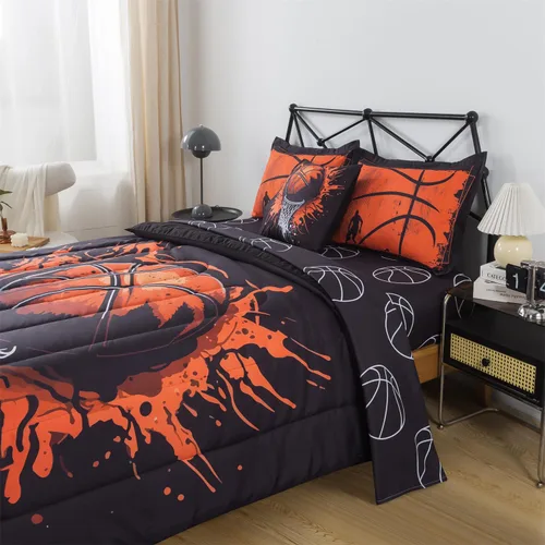 Vista 5 de Juego de edredón de 6 piezas con diseño de baloncesto, ropa de cama negra tamaño individual para niños, adolescentes y adultos, con pelotas