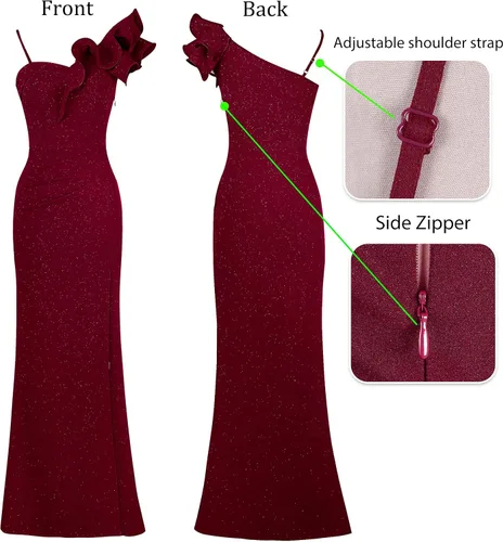 Vista 5 de VFSHOW Vestido largo con volantes y tirantes para mujer, fruncido, formal, para graduación, boda, cuello en V, elegante, dividido, cóctel, noche