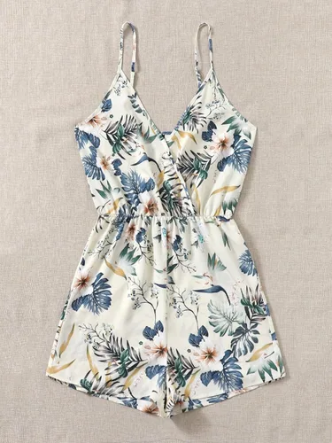 Vista 4 de WDIRARA Overol casual para mujer, estampado floral, bohemio, cuello en V, pantalones cortos para la playa