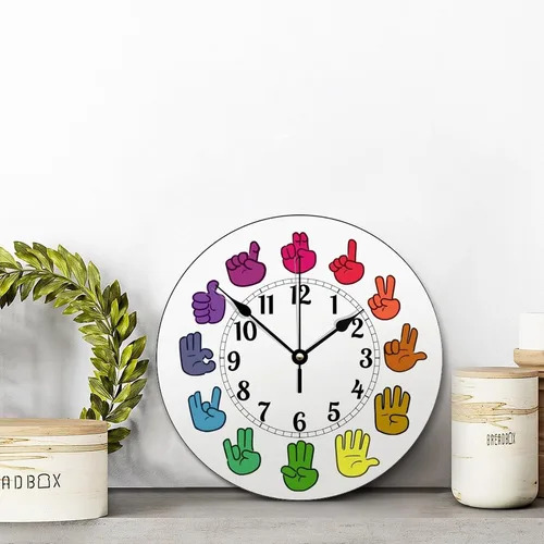 Vista 5 de Reloj de pared de madera arcoíris con lenguaje de señas, moderno, funciona con pilas, silencioso, sin tictac, relojes de pared decorativos