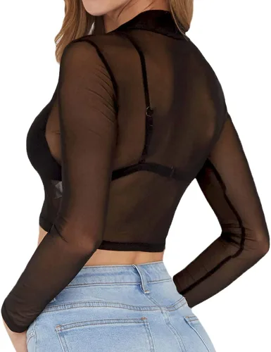 Vista 4 de MANGOPOP Women's Short Sleeve Long Sleeve Sheer Mesh Crop Tops Tee Shirt Blouse