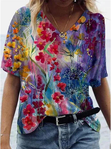 Vista 2 de Janepam Camiseta para mujer, diseño floral, mariposa, acuarela, paisaje, estampado gráfico, manga corta, cuello en V, holgada, para mujer
