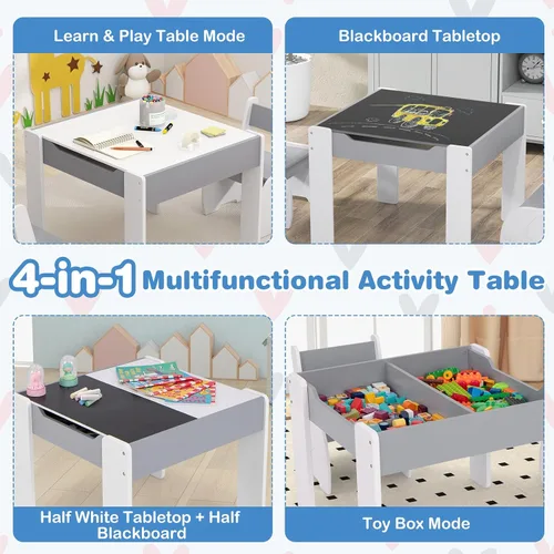 Vista 2 de Costzon Juego de mesa y silla para niños, mesa de actividades de madera 4 en 1 y 2 sillas con pizarra desmontable para arte, manualidades, dibujo