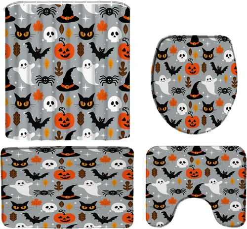 Vista 5 de 4PC Blue Halloween Shower Curtain Set Cute Ghost Horror Pumpkin Spooky Cat Scary Skull Bat Magic Witch Hat Gothic Spider Web Bath Rug with U-Shaped