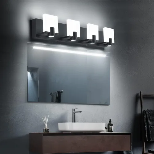 Vista 5 de SOLFART Luces LED regulables para tocador de baño, lámparas modernas con focos, 4 luces, acabado negro mate, base de metal, acrílico blanco