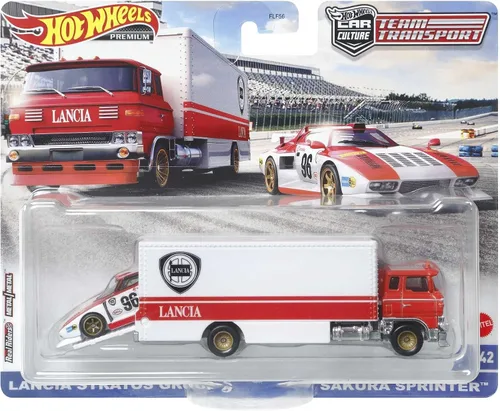Vista 6 de Hot Wheels Coche Cultura Equipo Transporte Lancia Stratos Grupo 5 & Sakura Sprinter Diecast Car