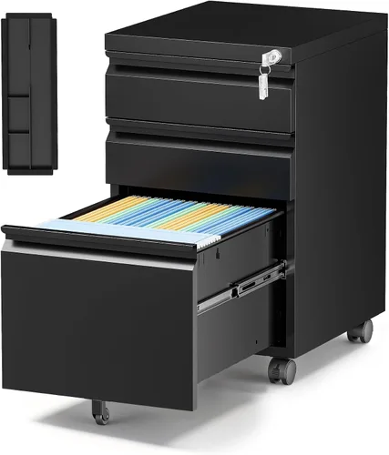 Vista 26 de Archivador de metal con 2 cajones con cerradura, gabinete archivador con soporte para impresora móvil y estantes para archivos de tamaño Negro