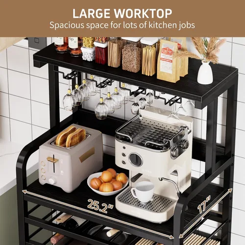 Vista 7 de Mini soporte para refrigerador con toma de corriente, soporte para microondas con estante para vino, barra de café con cestas de almacenamiento