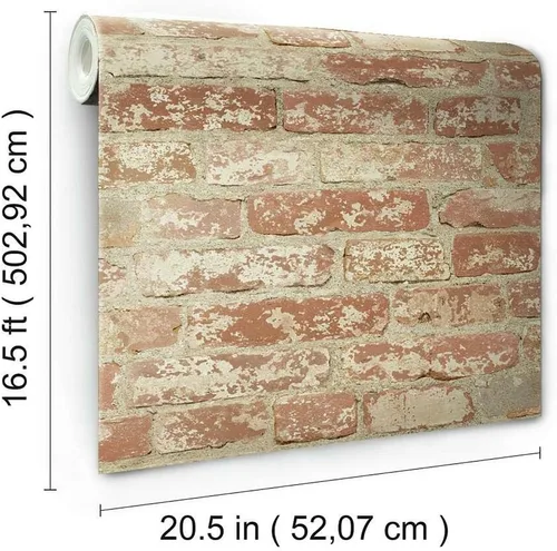 Vista 3 de RoomMates RMK9035WP - Papel tapiz de ladrillo estucado rojo para despegar y pegar, rollo, color rojo
