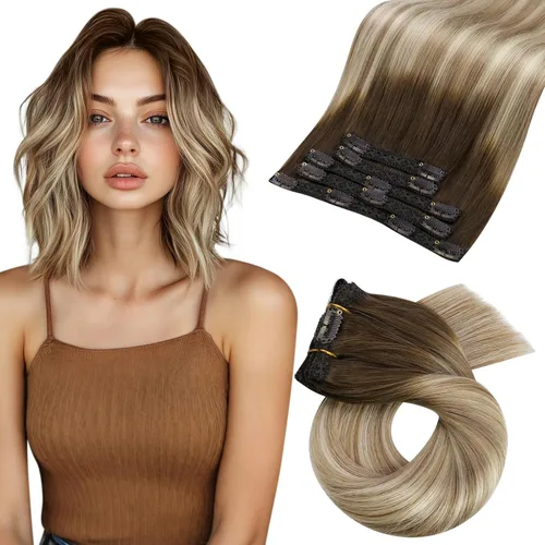 Vista 131 de Moresoo Extensiones de cabello humano con clip, balayage, color marrón oscuro a marrón dorado con clip, extensiones de cabello humano con clip, 5