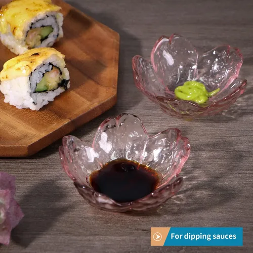 Vista 4 de 8 piezas de cuencos de vidrio Sakura para salsa de soja, lindos cuencos mini para postre, platos apilables pequeños para aperitivos, condimentos