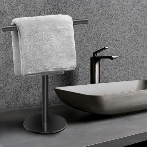 Vista 4 de Soporte para toallas de mano para baño, tocador, encimera, color negro mate, en forma de T, toallero, toallero, barra de toalla para baño, cocina