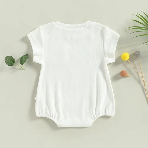 Vista 10 de KMBANGI Mameluco de manga corta con cuello redondo de punto acanalado de color sólido para bebé, niña y niño, traje de verano de una pieza