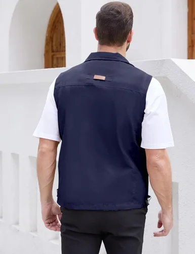 Vista 5 de Gihuo Chaleco ligero de golf para hombre, chaleco de pesca, safari, chaleco softshell casual sin mangas, ropa de abrigo