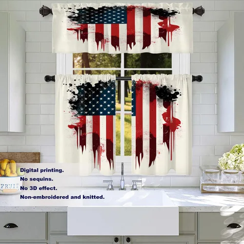 Vista 251 de Batmerry American Flag Ink Dot Blackout Tier Curtains, Red Blue White Stars Abstract Thermal Insulated Half Curtain Rod Pocket Small Valance for