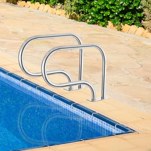 Vista 3 de VINGLI 2 barandillas de mano de piscina doble de acero inoxidable, 3 curvas, para piscina enterrada con placa de soporte de montaje rápido, 32 x
