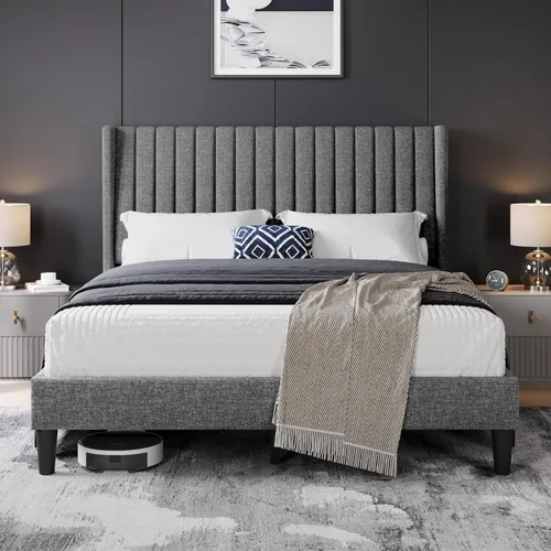 Vista 20 de Yaheetech Base de cama individual tapizada con cabecera de tela, diseño de borde de ala, antideslizante y sin ruido, soporte de listones de madera