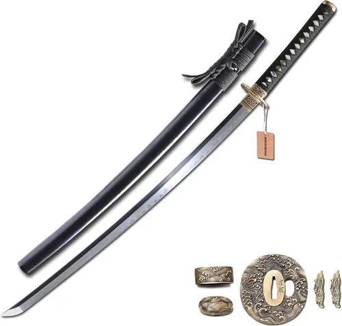 Vista 10 de MURASAME 41" Katana Espada Arcilla Templado Damasco Doblado Acero Real Hamon Latón Tsuba Muy Afilado
