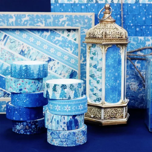 Vista 7 de YUBBAEX - Juego de 10 rollos de cinta Washi Four Seasons, cinta adhesiva decorativa de copos de nieve azules (Invierno)