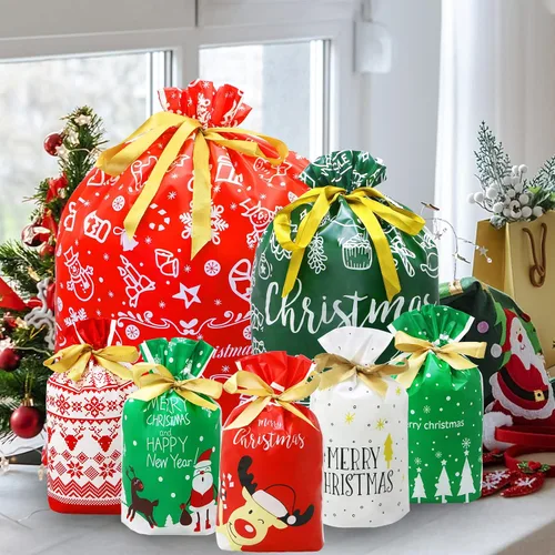 Vista 5 de ZMCINER 38 PCS bolsas de regalo de Navidad con cordón de varios tamaños, bolsas de Navidad con cordón para regalos de Navidad, regalos