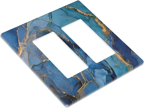 Vista 3 de Placa de pared doble basculante de mármol azul, cubierta decorativa de interruptor de luz de 2 cuadras, moderna acuarela degradada, arte de tinta