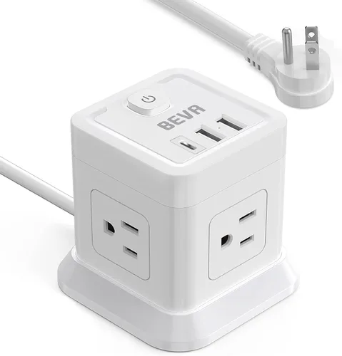 Vista 9 de BEVA Regleta de alimentación con USB - Estación de carga de escritorio con cable de extensión de 5 pies de largo, cubo de regleta con 4 tomas