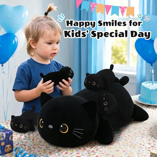 Vista 8 de SQEQE Peluche de gato negro con 4 bebés, gato en la barriga, lindo gato negro de peluche para niños, regalos ideales para Navidad, San Valentín