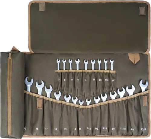 Vista 9 de Organizador de rollos de llaves, bolsa enrollable para llaves con 23+1 bolsillos, rollo de herramientas resistente para llaves métricas y SAE, bolsa