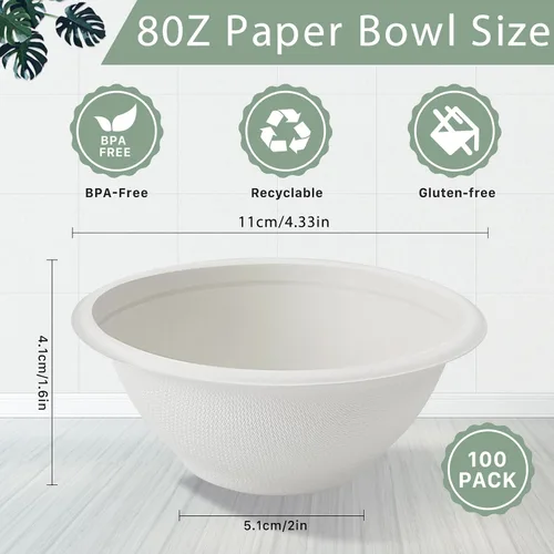 Vista 2 de Paquete de 100 cuencos de papel desechables de 8 onzas, cuencos de bagazo natural ecológicos, resistentes, 100% compostables, biodegradables