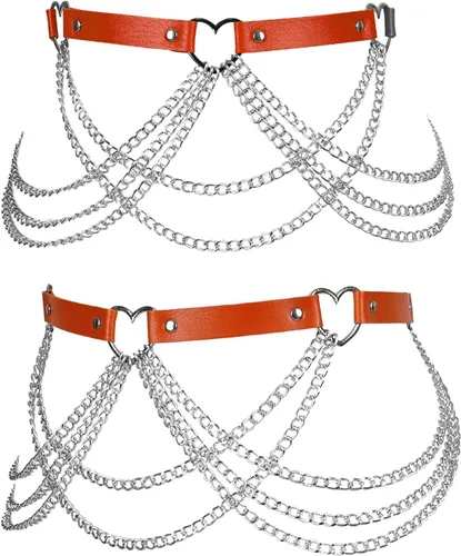 Vista 2 de Arnés de cuerpo para mujer, cinturón de cuero punk, ajustable, cinturón de cadena de metal, gótico, carnaval, danza