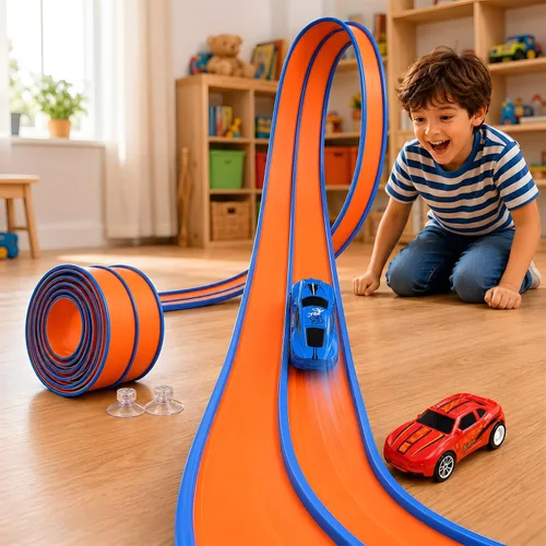 Vista 8 de 15FT Race Track, 2 High-Speed Pull Back Cars, Fits Hot Wheels Cars 15FT flexible double-lane track with 2 suction cups and 2 high-speed pull-back