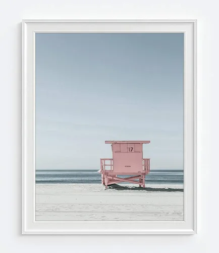 Vista 3 de Impresiones fotográficas temáticas de playa rosa, juego de 3, sin marco, soporte de salvavidas costero, furgoneta, flamenco rosa, cartel decorativo