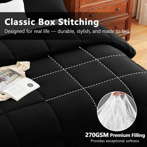 Vista 4 de CozyLux Juego de edredón Super King, juego de ropa de cama negro ceniza de 270GSM para todas las estaciones, juego de cama de 3 piezas cosidas