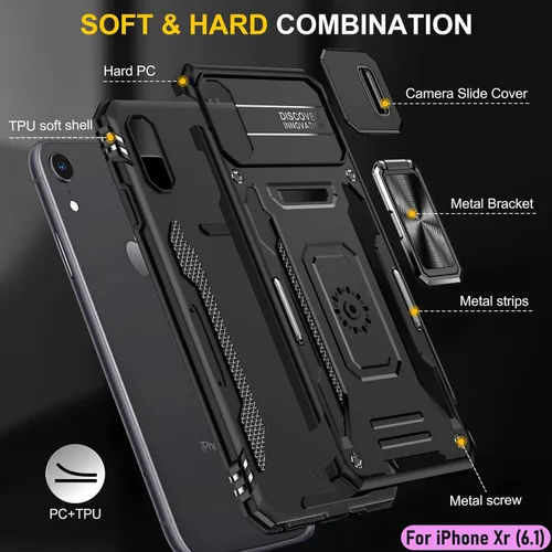 Vista 3 de Funda resistente para Apple iPhone Xr/10R, protección híbrida de goma de doble capa de grado militar con protector de cámara deslizante, soporte