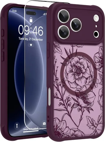 Vista 18 de OOK Funda magnética para iPhone 13 Pro Max [compatible con MagSafe] Funda delgada translúcida mate con flor silvestre negra, protección para lente
