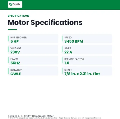 Vista 2 de Motores AC A.O. Smith B813 5 HP, 3450 RPM, 230 voltios, 22 amperios, marco de 56 Hz, 1 factor de servicio, rotación CWLE, motor compresor de eje