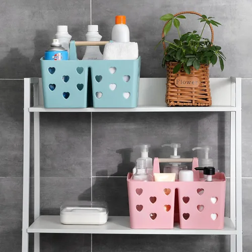 Vista 9 de Anyoifax Cesta de plástico portátil con mango de madera, organizador de almacenamiento dividido con compartimentos para baño, dormitorio