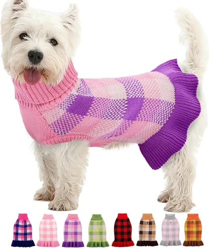 Vista 8 de Vestido suéter para perro, ropa de punto a cuadros para perros pequeños y medianos, cálido pullover de cuello alto elástico para cachorro y mascota