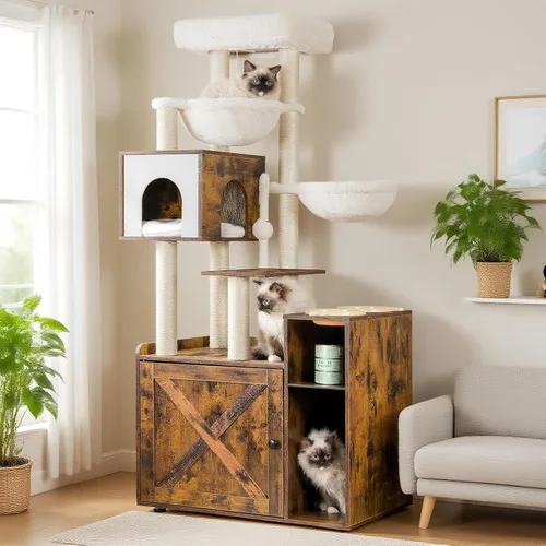 Vista 11 de Hey-brother Árbol para gatos con recinto de caja de arena XL, torre para gatos todo en uno para gatos de interior con hamaca grande, cama, estación