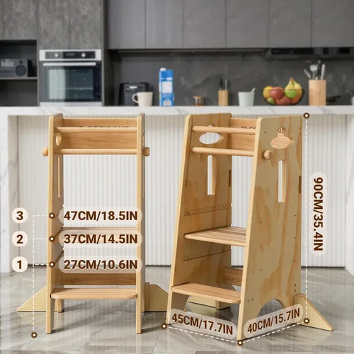 Vista 8 de COSYLAND - Taburete de pie para niños ajustables en altura - Taburete de cocina para niños súper estable con panel protector - Taburete de cocina